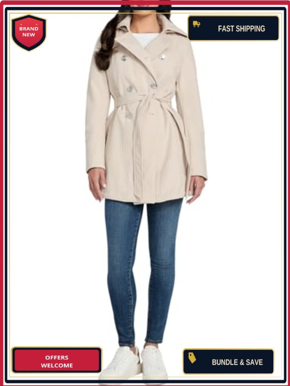 GUESS Double Breasted Trench Coat Water Resistant Windproof Hooded Belted